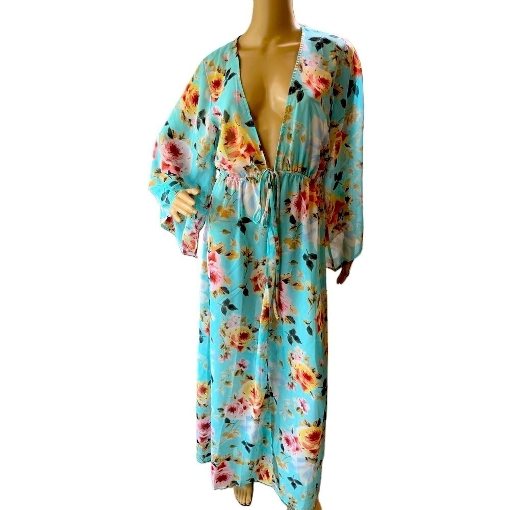 Privy Blue Floral Print V-Neck Long‎ Sleeve Cinched Waist Maxi Dress Wrap Size M